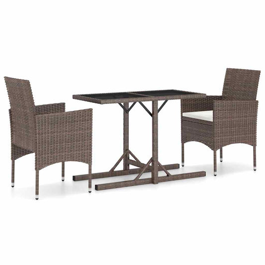 vidaXL 3 Piece Garden Dining Set Poly Rattan and Tempered Glass Brown