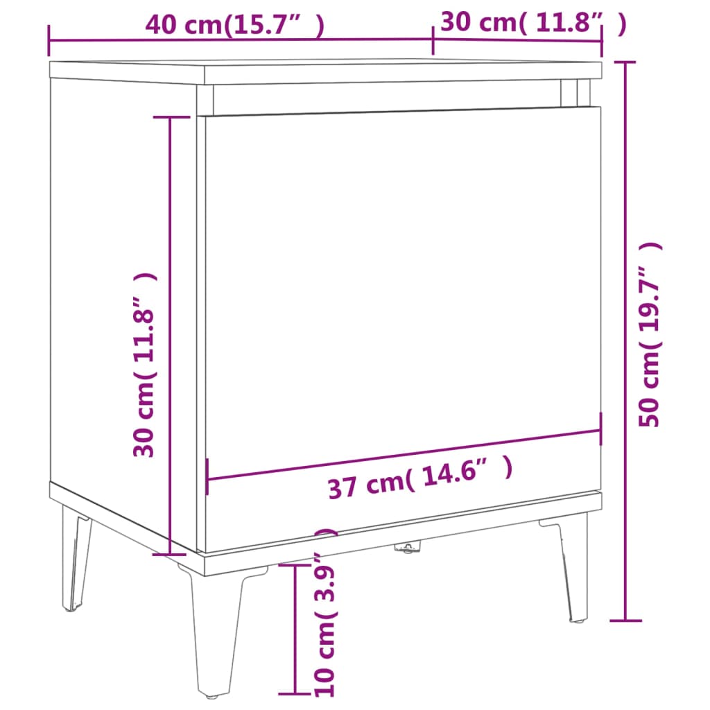 vidaXL Bed Cabinet with Metal Legs Grey Sonoma 40x30x50 cm