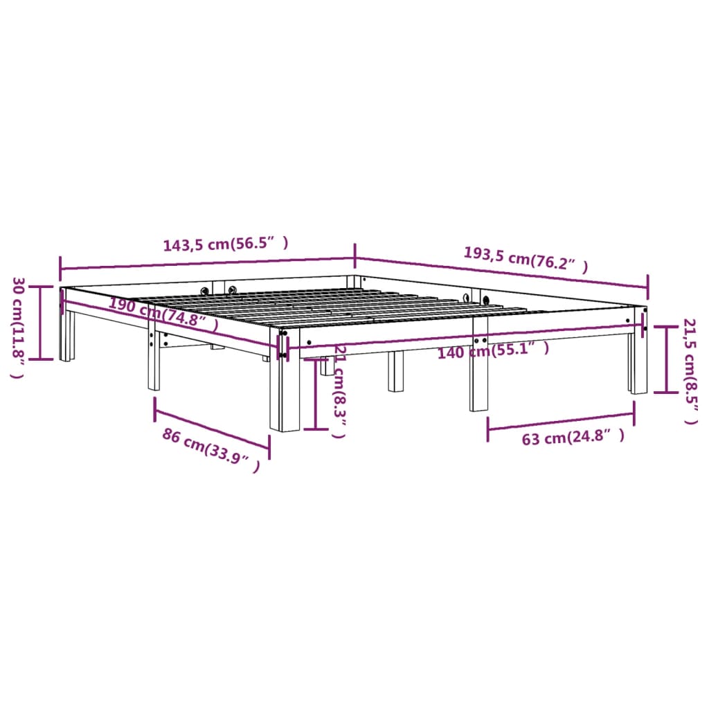vidaXL Bed Frame | White | Solid pine wood | 140x190 cm | Wood Grain | Bed Frame