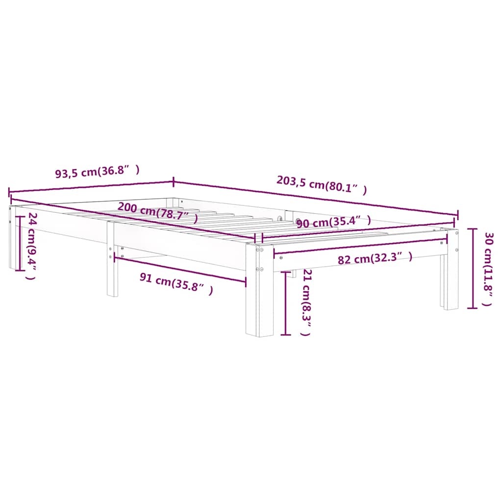 vidaXL Bed Frame without Mattress Solid Wood Pine 90x200cm