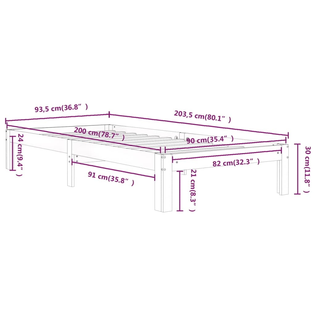 vidaXL Bed Frame without Mattress White Solid Wood Pine 90x200cm