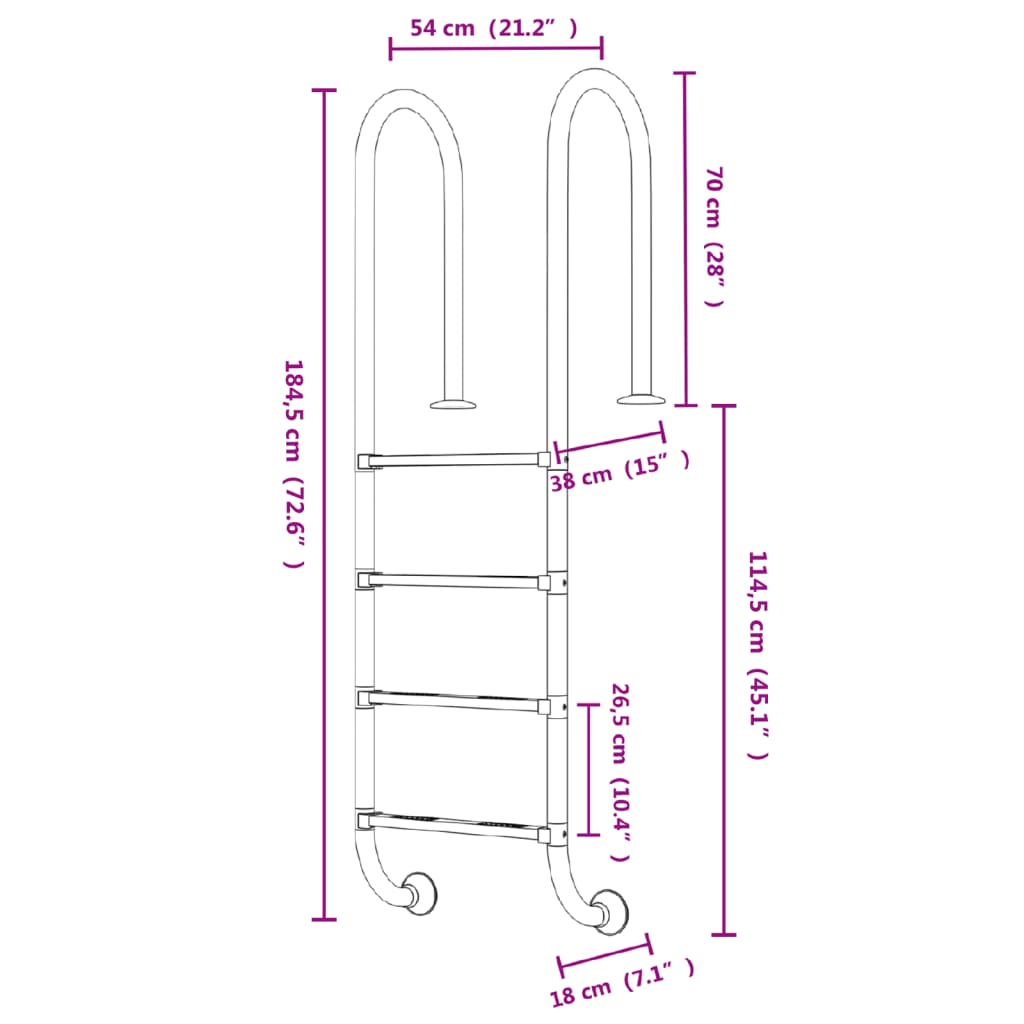 vidaXL Pool Ladder 54x38x184,5 cm 304 Stainless Steel