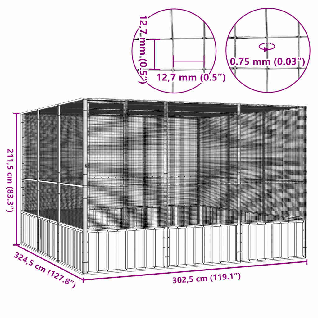 vidaXL Bird Cage Grey 302,5x324,5x211,5 cm Galvanised Steel