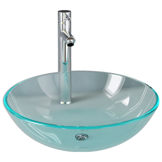 3098439 vidaXL Bathroom Sink with Tap and Push Drain Clear Tempered Glass (142229+142017+149060)