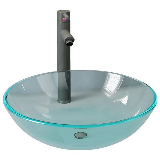 3098442 vidaXL Bathroom Sink with Tap and Push Drain Clear Tempered Glass (142229+149090+149063)