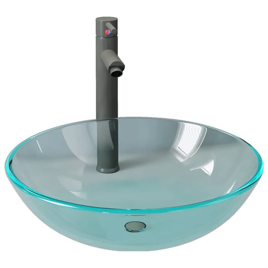 vidaXL Bathroom Sink with Tap and Push Drain Clear Tempered Glass