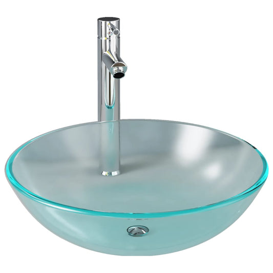 3098444 vidaXL Bathroom Sink with Tap and Push Drain Frosted Tempered Glass (142230+142017+149060)