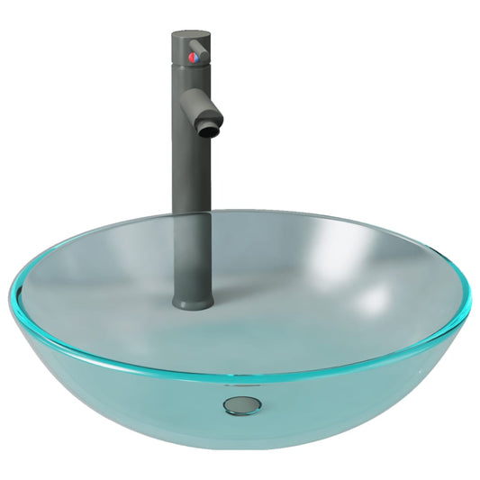 3098447 vidaXL Bathroom Sink with Tap and Push Drain Frosted Tempered Glass (142230+149090+149063)