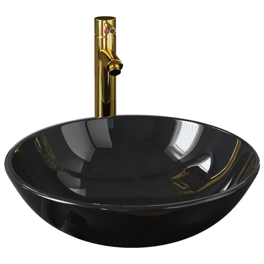3098451 vidaXL Bathroom Sink with Tap and Push Drain Black Tempered Glass (142231+149089+149062)