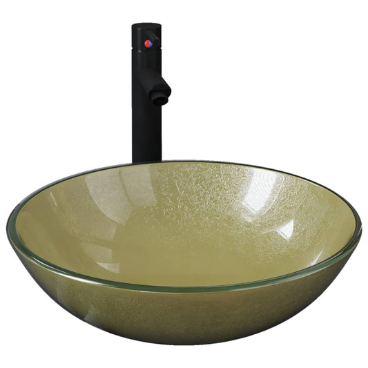 3098460 vidaXL Bathroom Sink with Tap and Push Drain Gold Tempered Glass (142233+149088+149061)