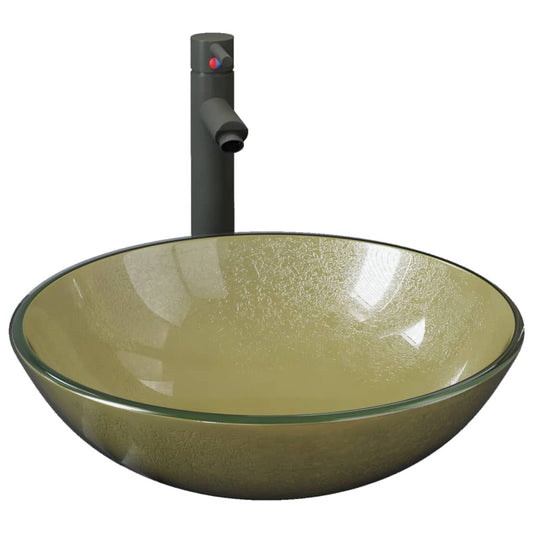 vidaXL Bathroom Sink with Tap and Push Drain Gold Tempered Glass