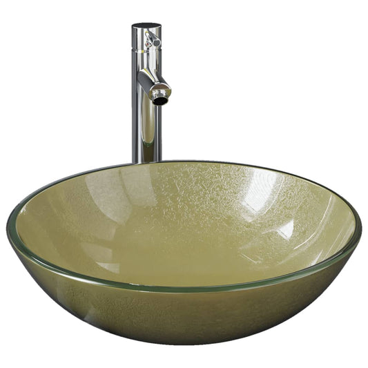 3098463 vidaXL Bathroom Sink with Tap and Push Drain Gold Tempered Glass (142233+149091+149064)