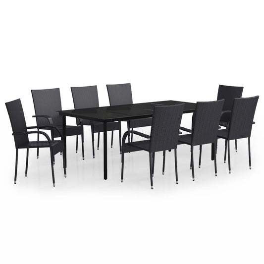 vidaXL Garden Dining Set | Black | PE Rattan, Powder-Coated Steel, Glass | Large
