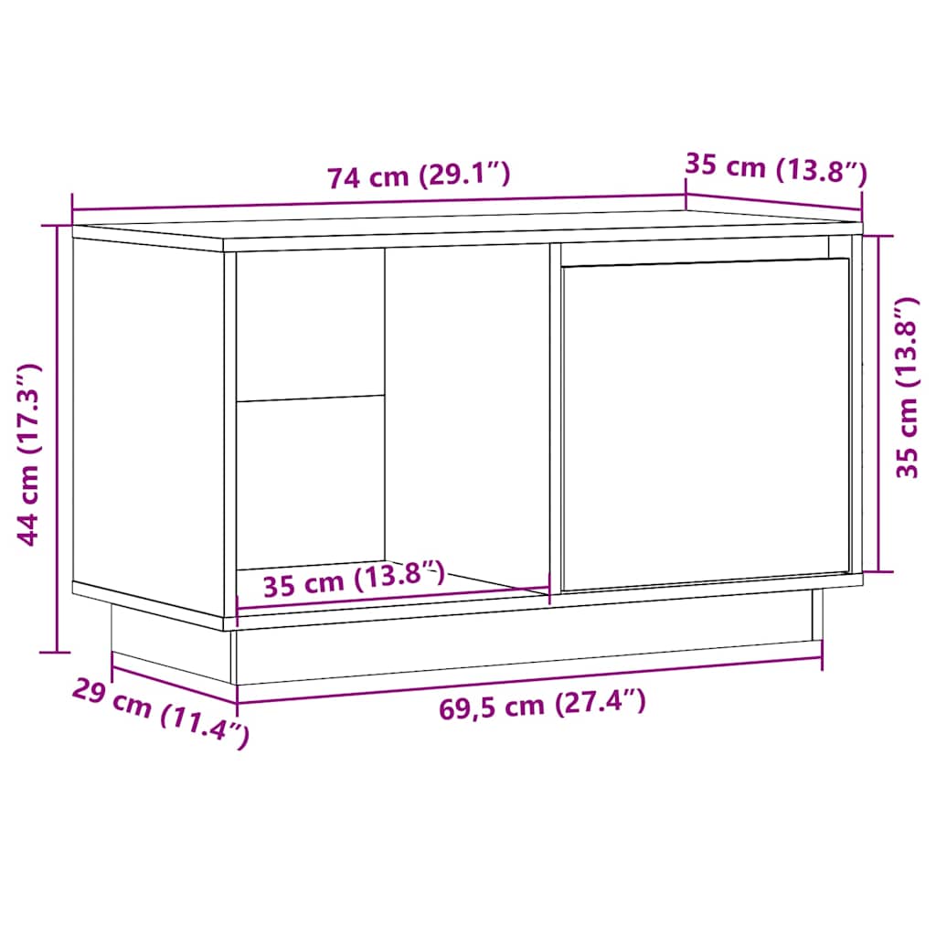 vidaXL TV Cabinet White 74x35x44 cm Solid Wood Pine