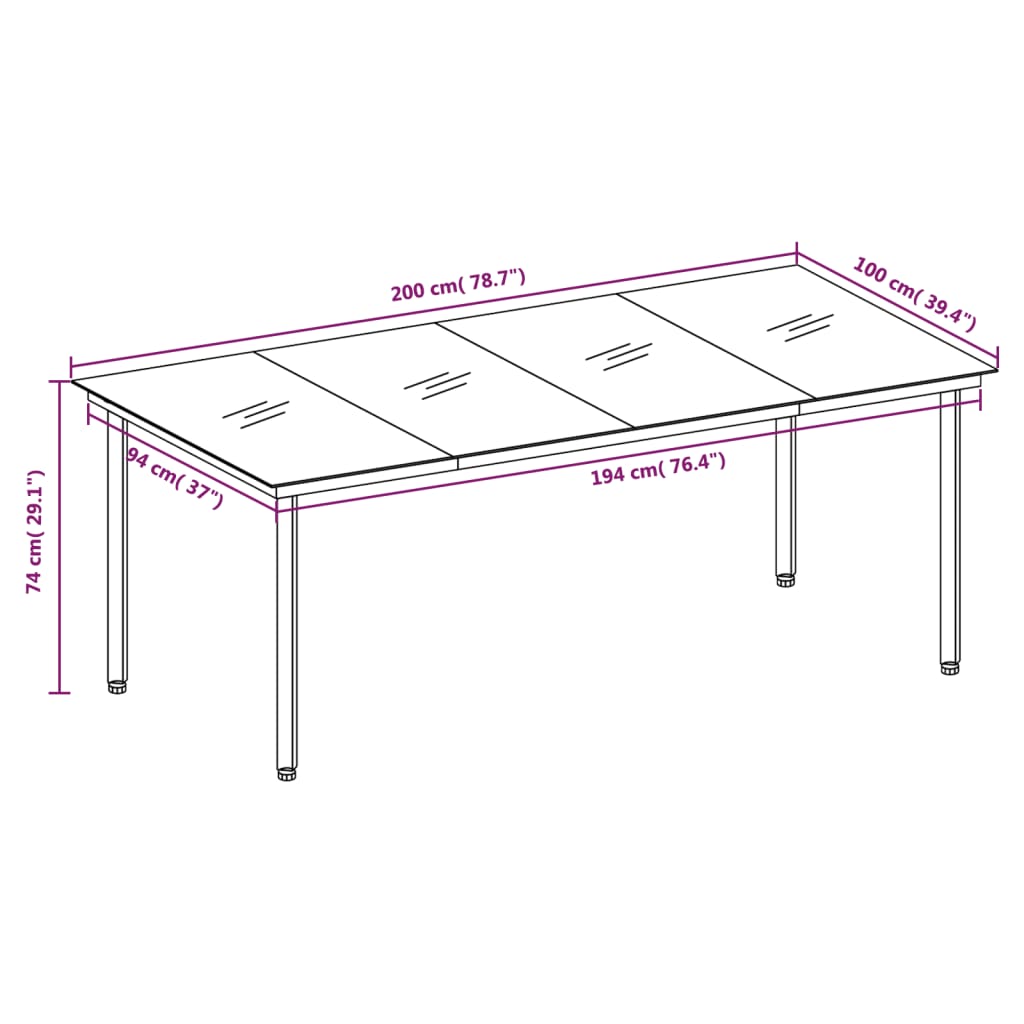 vidaXL Garden Dining Table Black 200x100x74 cm Steel and Glass