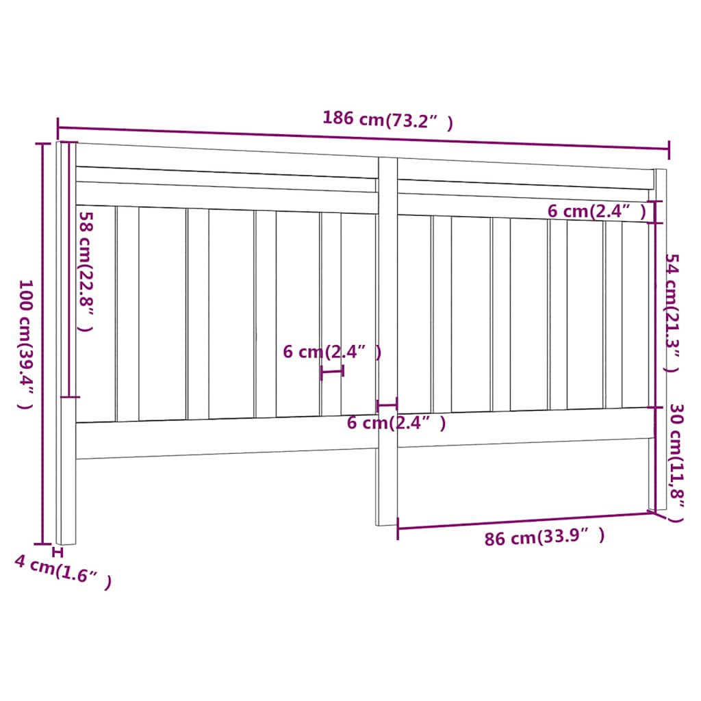 817809 vidaXL Bed Headboard Black 186x4x100 cm Solid Wood Pine