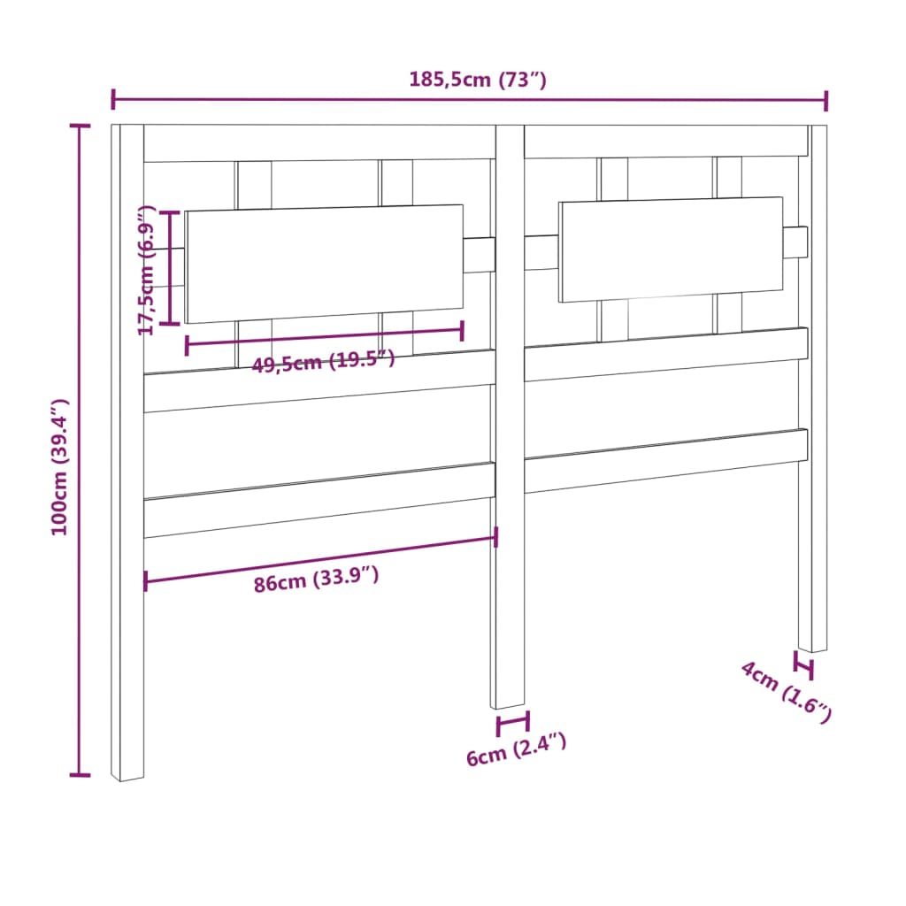 vidaXL Bed Headboard Grey 185.5x4x100 cm Solid Wood Pine