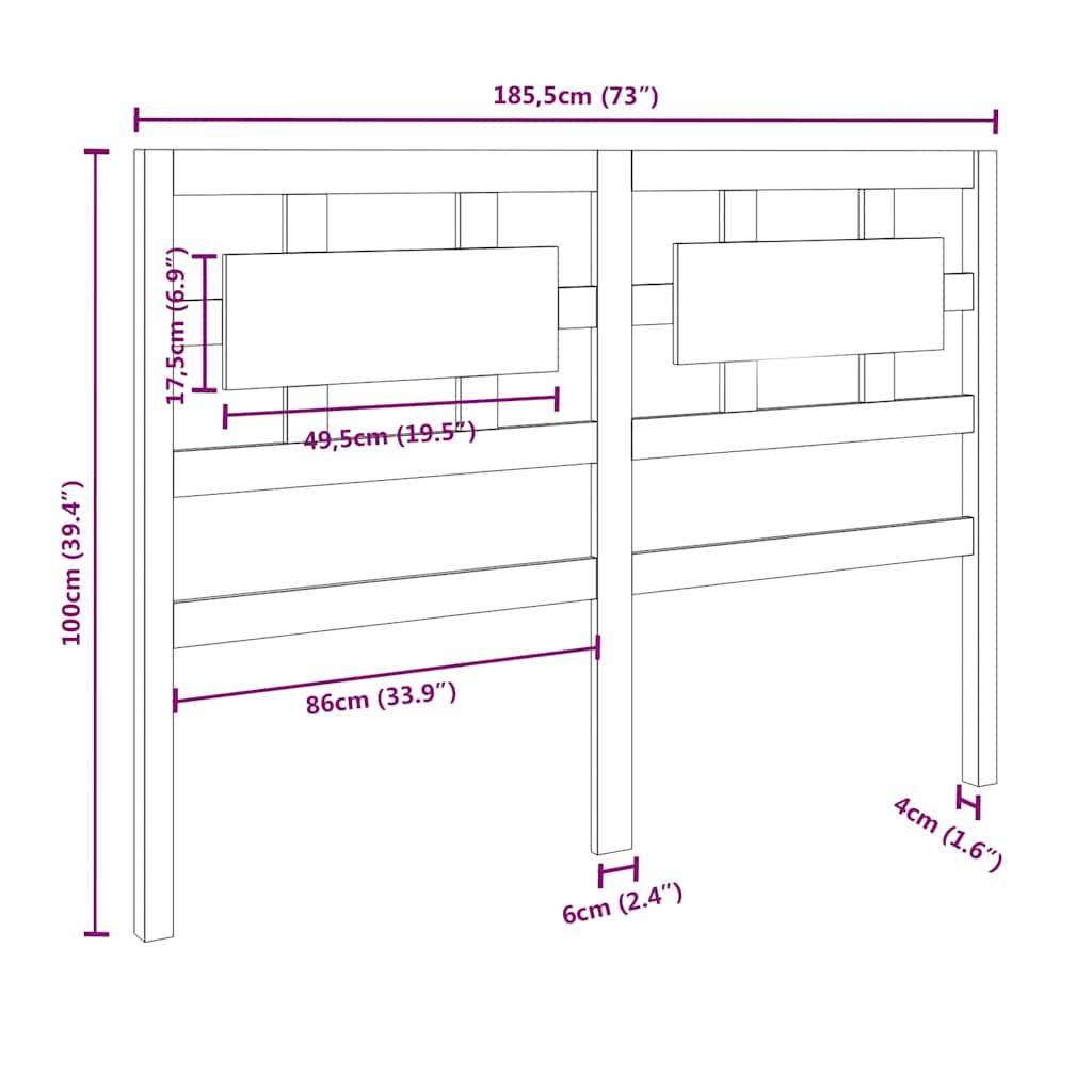 vidaXL Bed Headboard Black 185,5x4x100 cm Solid Wood Pine