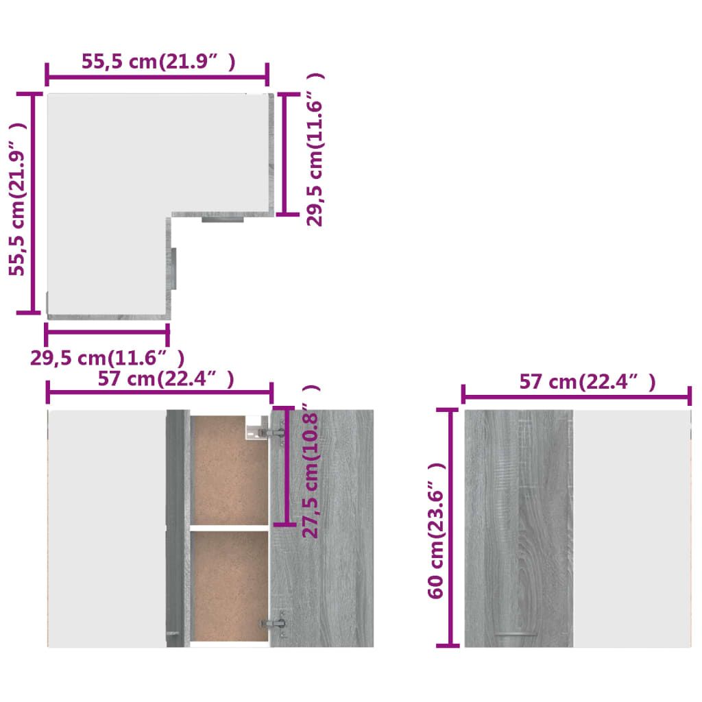 vidaXL Hanging Corner Cabinet Lyon Grey Sonoma 57x57x60 cm Engineered Wood