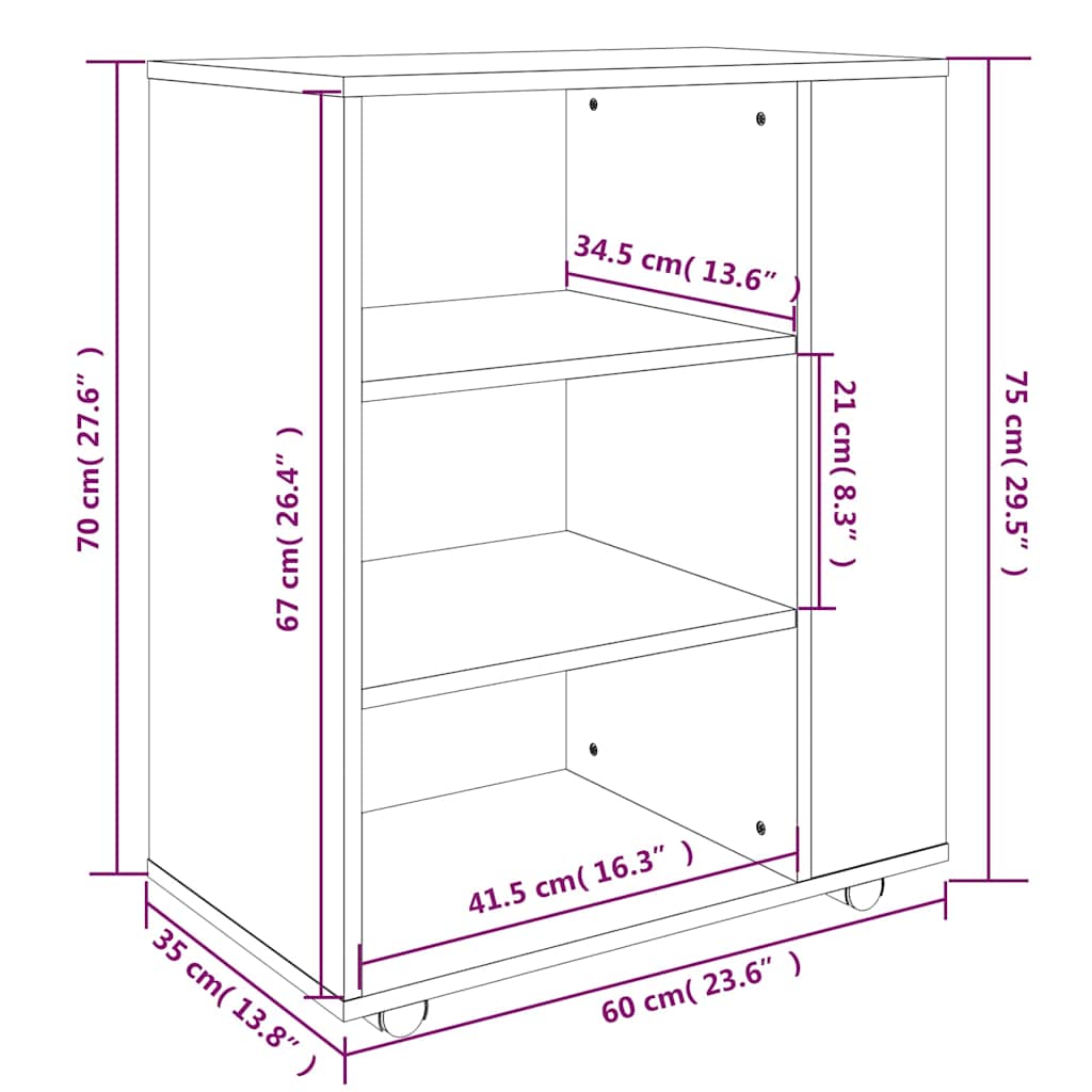 vidaXL Rolling Cabinet Smoked Oak 60x35x75 cm Engineered Wood