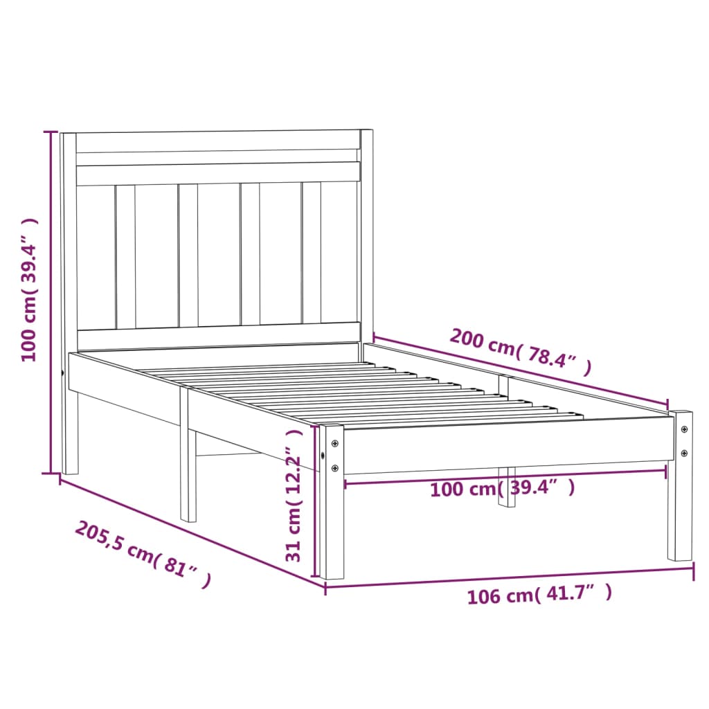 vidaXL Bed Frame without Mattress White Solid Wood 100x200 cm