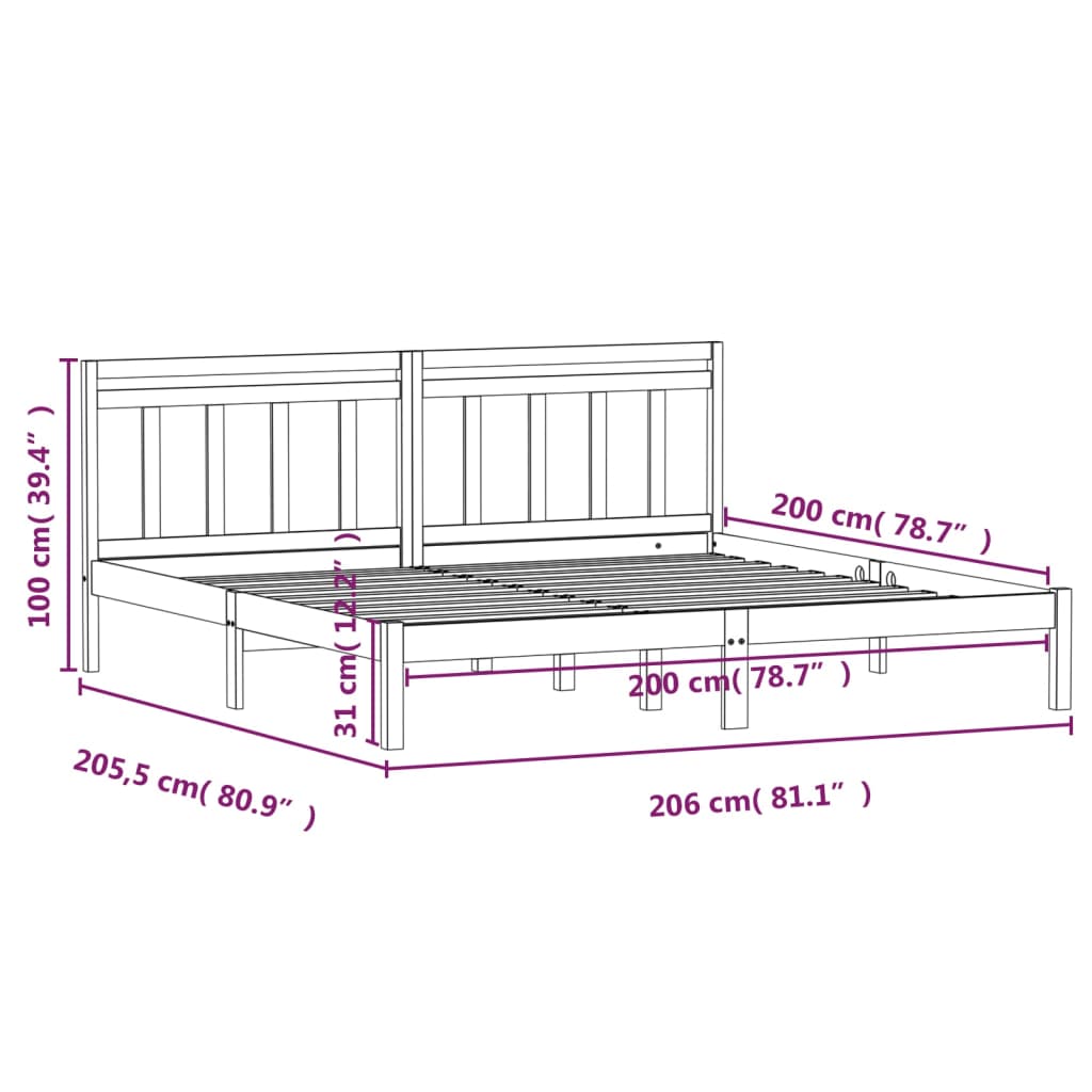 vidaXL Bed Frame without Mattress Black Solid Wood 200x200 cm