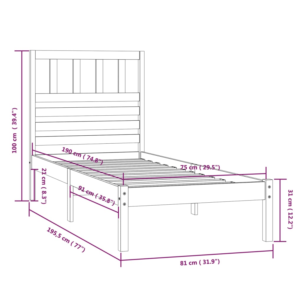 vidaXL Bed Frame without Mattress 75x190 cm Small Single Small Single Solid Wood Pine