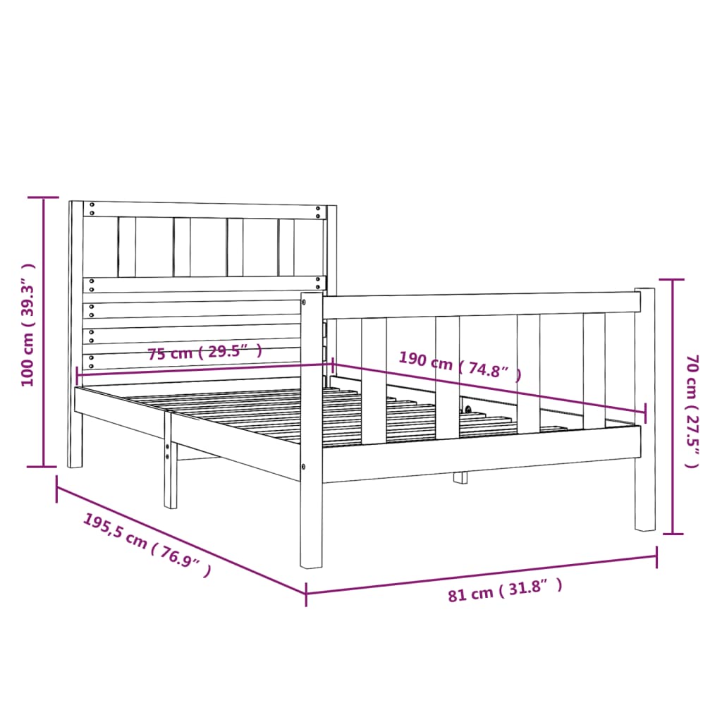 vidaXL Bed Frame | Black | Solid pine wood | 75x190 cm | Decorative Inlays