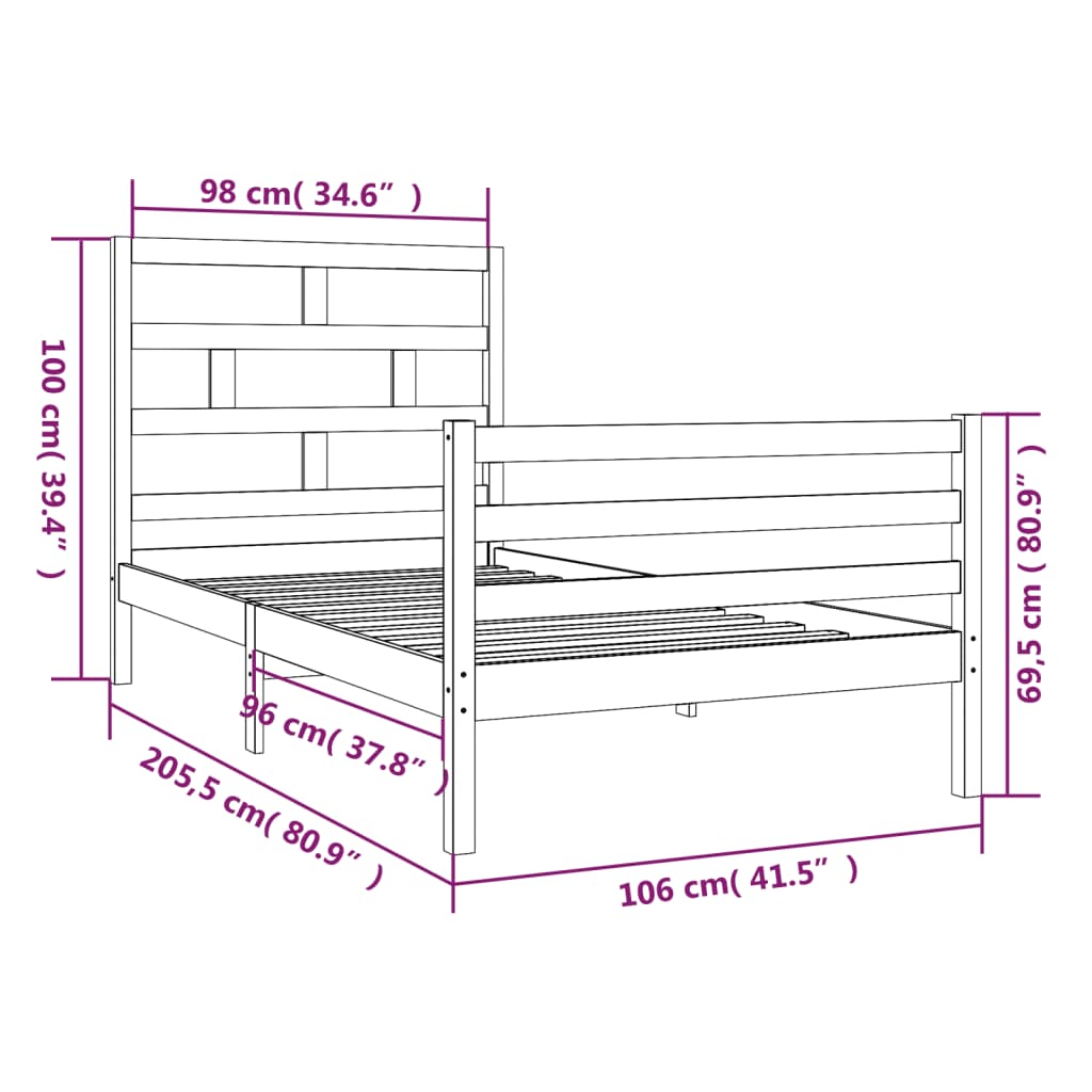 vidaXL Bed Frame without Mattress Solid Wood 100x200 cm