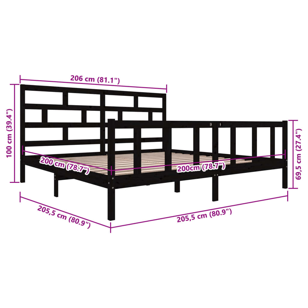 3101372 vidaXL Bed Frame without Mattress Black Solid Wood 200x200 cm (810106+814218)