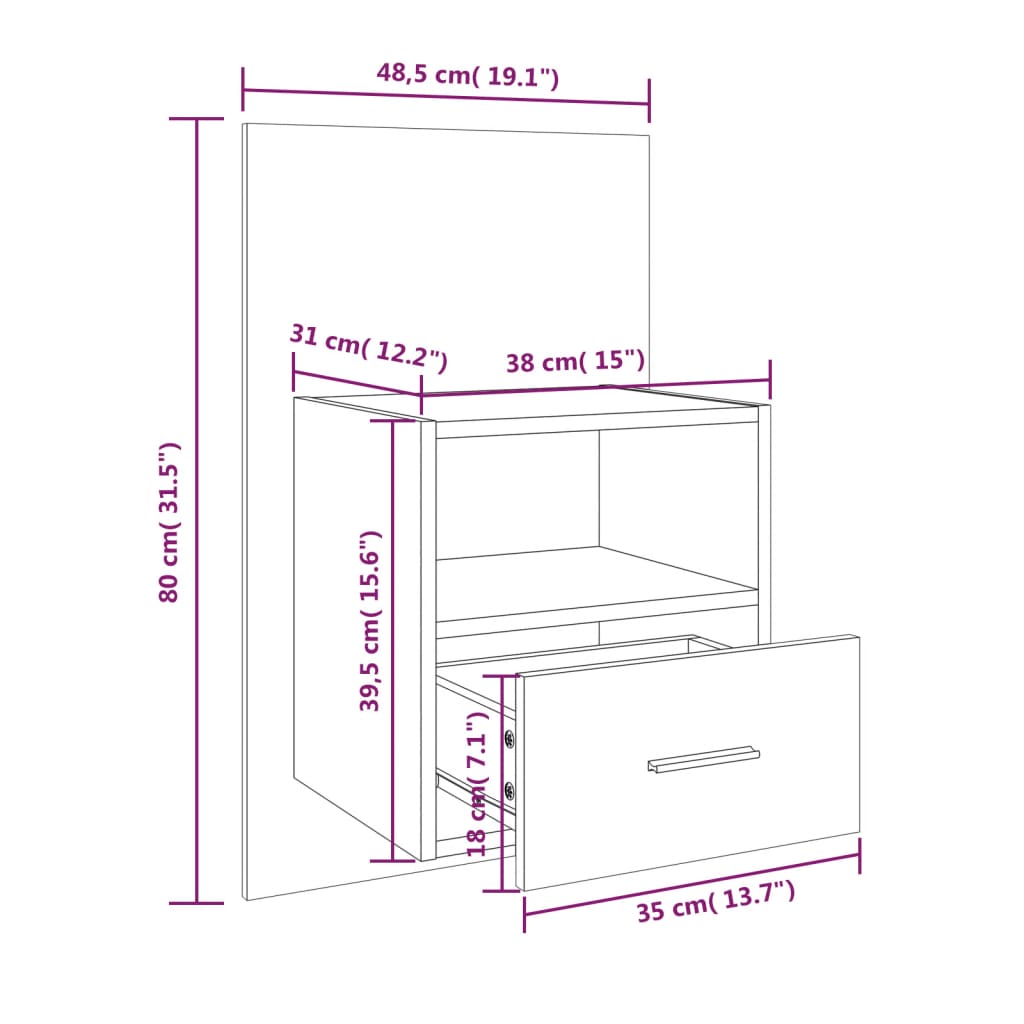 vidaXL Wall-mounted Bedside Cabinet Grey Sonoma