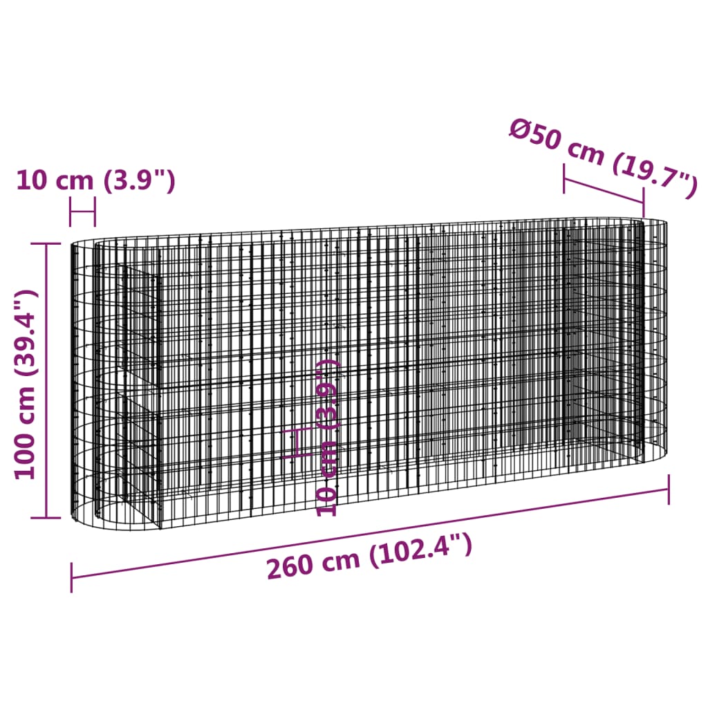 vidaXL Gabion Raised Bed Galvanised Iron 260x50x100 cm