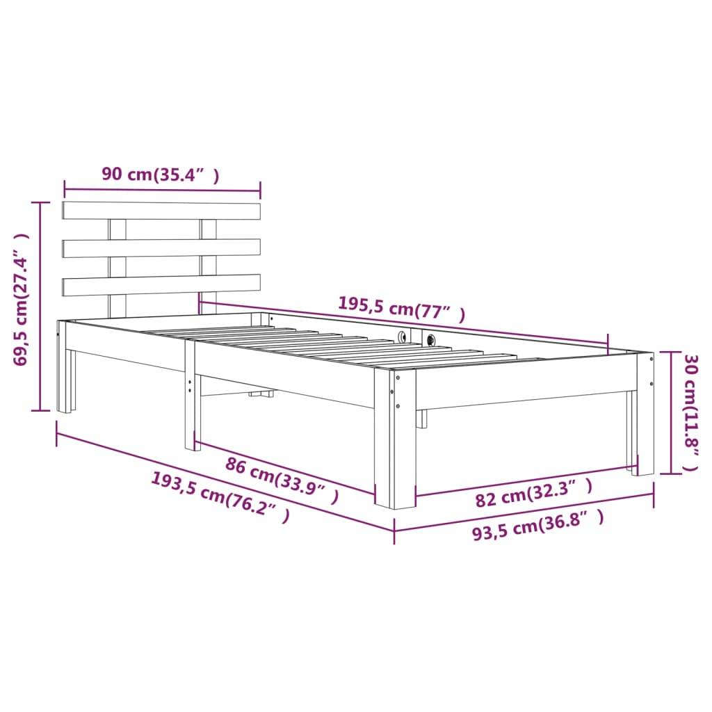 vidaXL Bed Frame | White | Solid pinewood, Plywood | Single