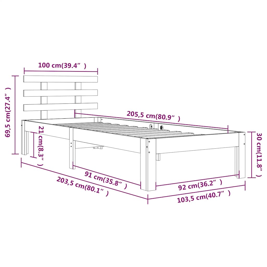 vidaXL Bed Frame without Mattress White Solid Wood 100x200 cm