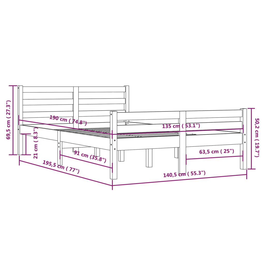 vidaXL Bed Frame without Mattress White Solid Wood 135x190 cm Double Double