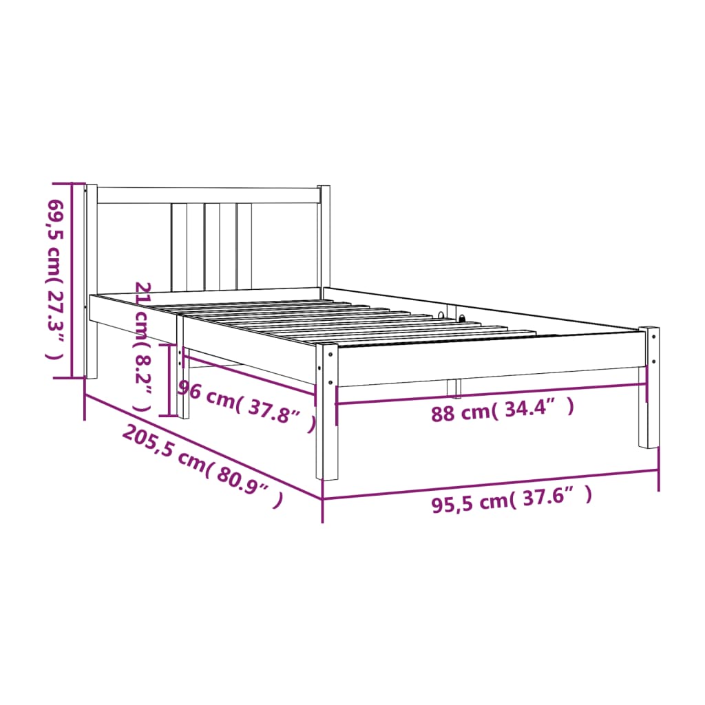 vidaXL Bed Frame without Mattress Honey Brown Solid Wood 90x200 cm