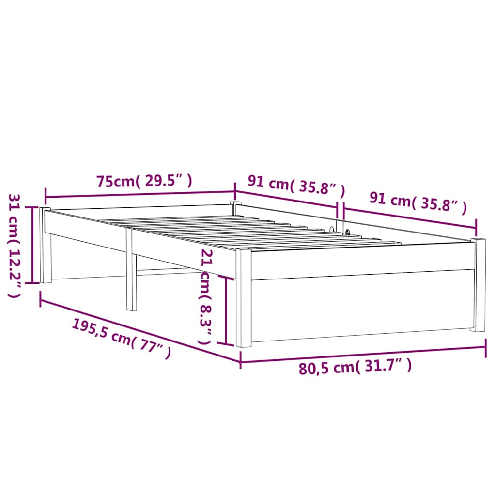 vidaXL Bed Frame without Mattress Solid Wood 75x190 cm Small Single