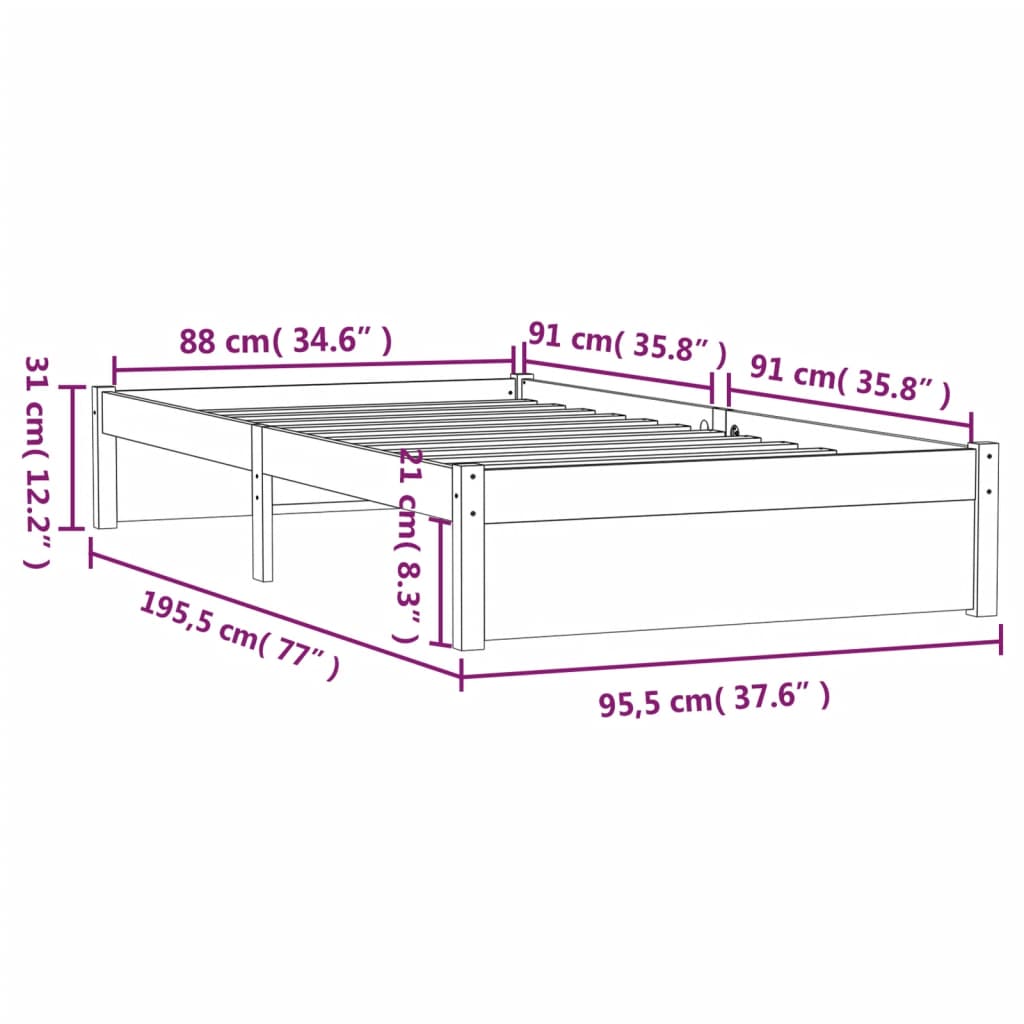 vidaXL Bed Frame without Mattress Black Solid Wood 90x190 cm Single