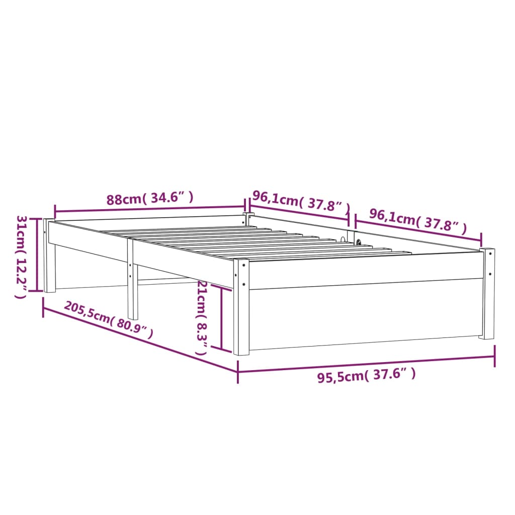 vidaXL Bed Frame without Mattress Honey Brown Solid Wood 90x200 cm