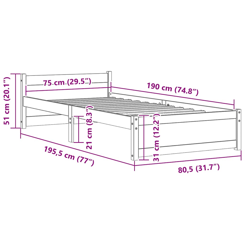 vidaXL Bed Frame without Mattress Solid Wood 75x190 cm Small Single