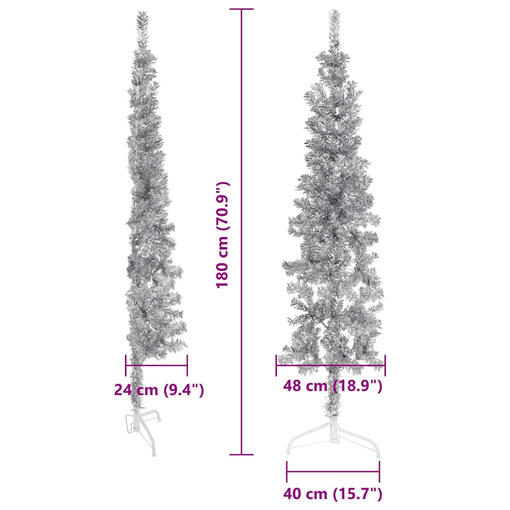vidaXL Slim Artificial Half Christmas Tree | Silver | PVC, Steel | Slim