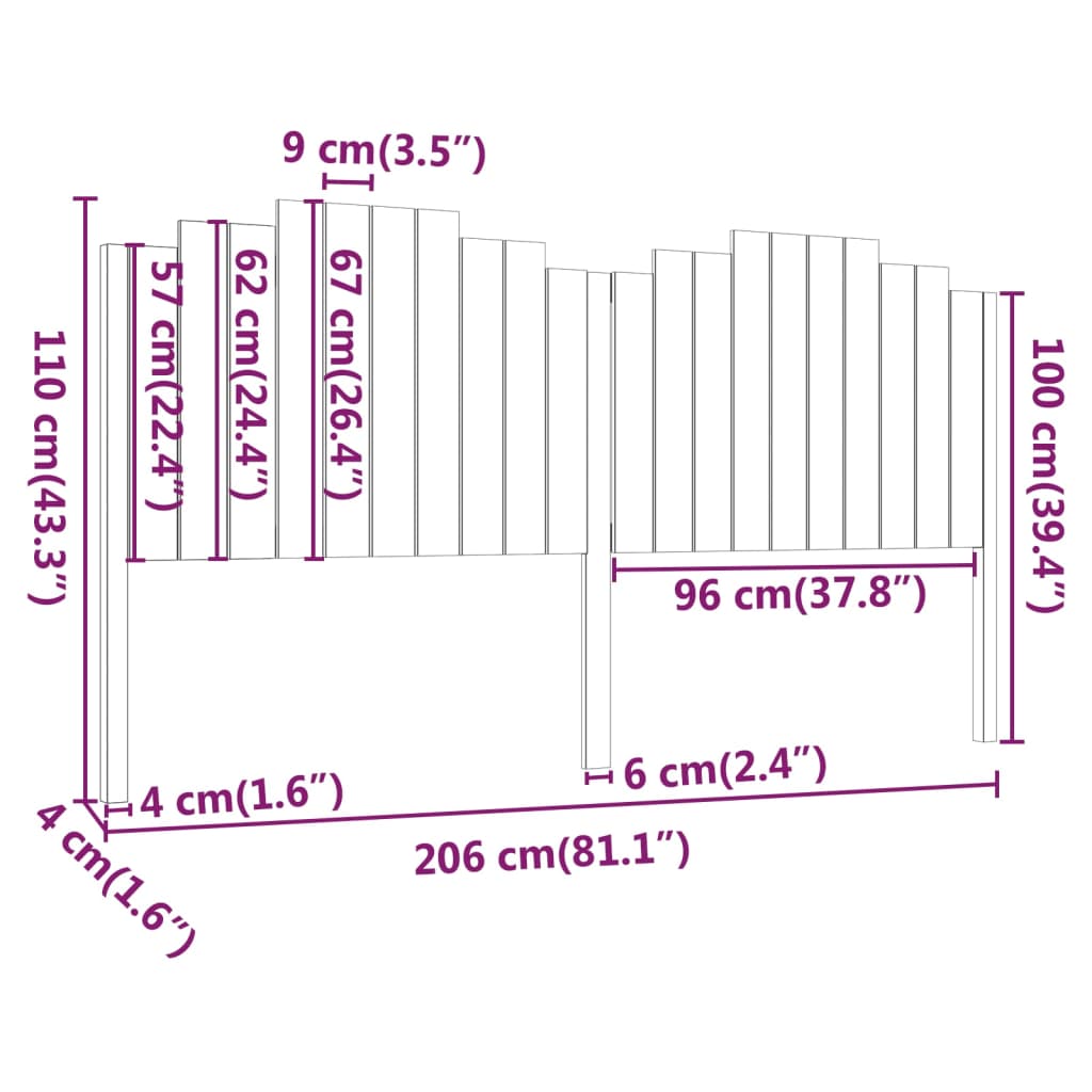 vidaXL Bed Headboard Black 206x4x110 cm Solid Wood Pine