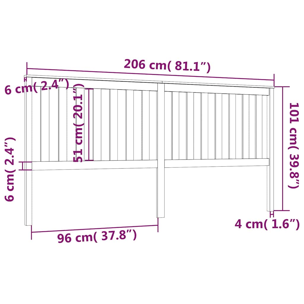 818544 vidaXL Bed Headboard Black 206x6x101 cm Solid Wood Pine