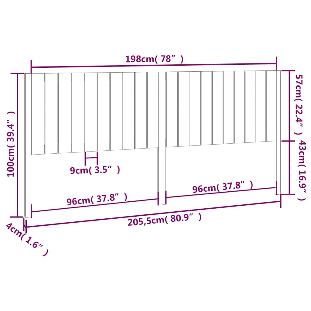 818894 vidaXL Bed Headboard Black 205,5x4x100 cm Solid Wood Pine