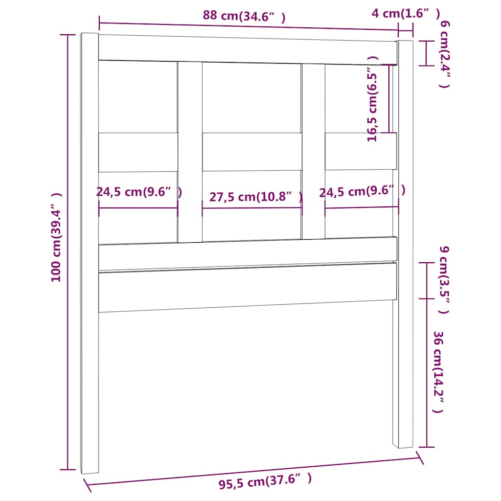 818902 vidaXL Bed Headboard Grey 95,5x4x100 cm Solid Wood Pine