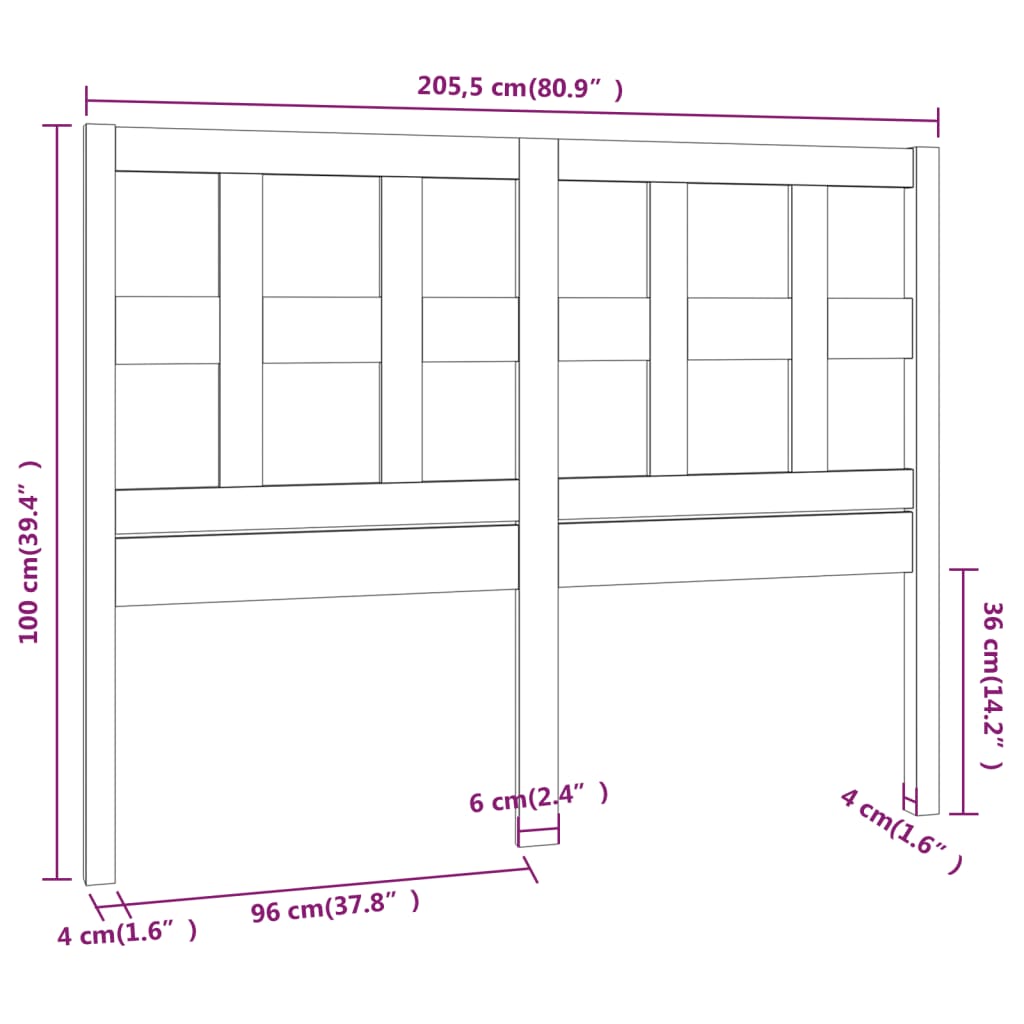 818942 vidaXL Bed Headboard Grey 205,5x4x100 cm Solid Wood Pine