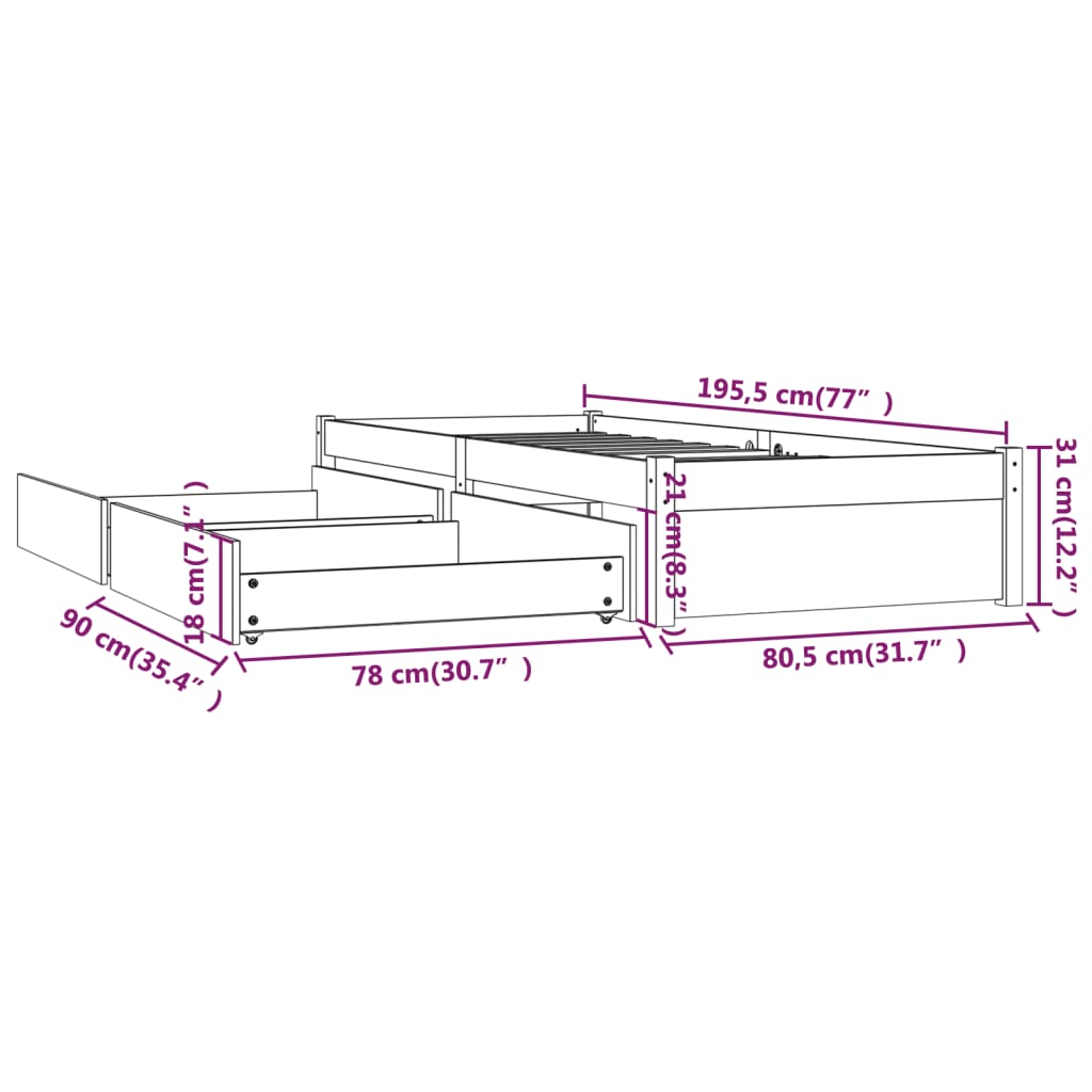 vidaXL Bed Frame without Mattress with Drawers Small Single