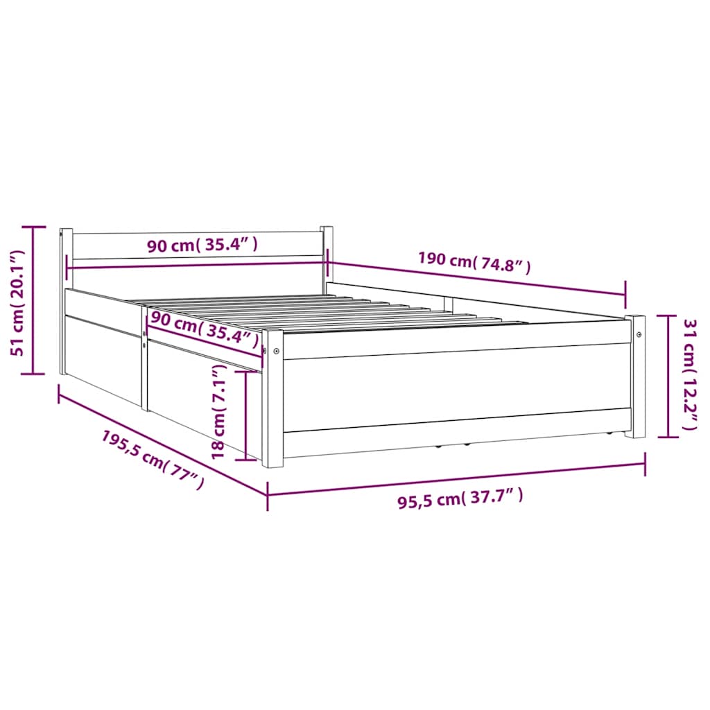 vidaXL Bed Frame without Mattress with Drawers White Single