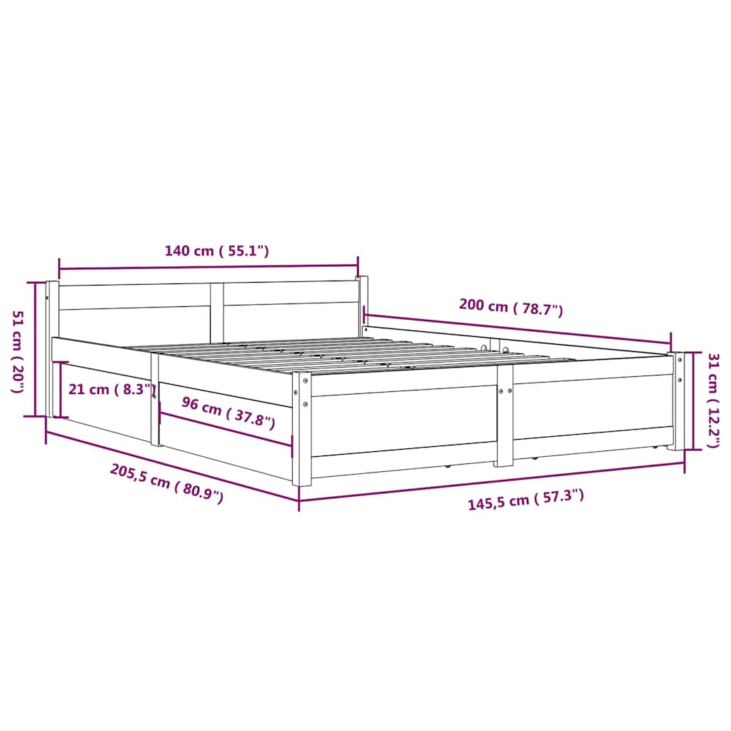 vidaXL Bed Frame without Mattress with Drawers White 140x200 cm