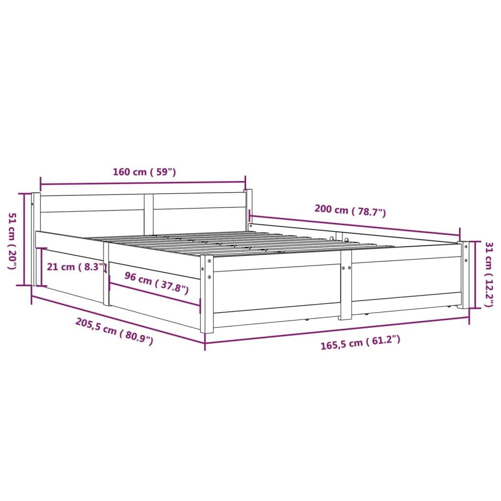 vidaXL Bed Frame without Mattress with Drawers White 160x200 cm